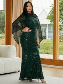 seomiscky 大碼小高領斗篷袖亮片派對禮服 - 綠色 - 查看 3