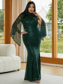 seomiscky 大碼小高領斗篷袖亮片派對禮服 - 綠色 - 查看 5