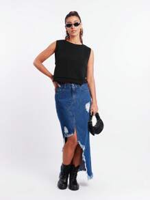 SHE(IN) BRASIL Rách Bất đối xứng Raw Hem Váy Denim - Rửa tối - Xem 3