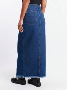 SHE(IN) BRASIL Rách Bất đối xứng Raw Hem Váy Denim - Rửa tối - Xem 2