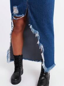 SHE(IN) BRASIL Rách Bất đối xứng Raw Hem Váy Denim - Rửa tối - Xem 4