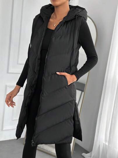 EURMUSE Slant Pockets Drawstring Hooded Vest Puffer Coat