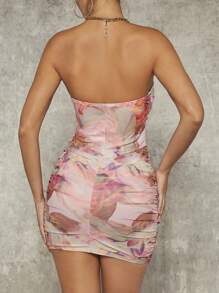 L'Amorae 水彩印花褶饰紧身迷你连衣裙 - 彩色 - 查看 2