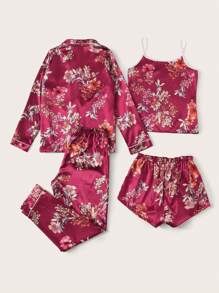 Women's Burgundy Elegant Floral Print Pajama Set With Contrast Binding Regular Sleeve Top And Pants - Burgundy - View 2