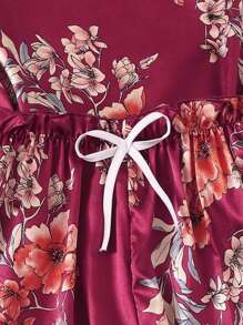 Women's Burgundy Elegant Floral Print Pajama Set With Contrast Binding Regular Sleeve Top And Pants - Burgundy - View 3