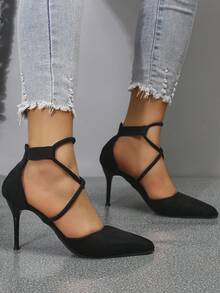優雅踝帶高跟單鞋適合女士,仿麂皮細高跟鞋 - 黑色 - 查看 5