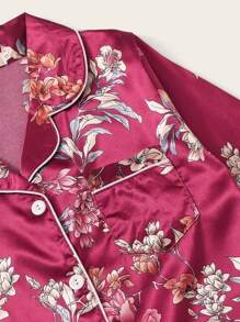 Women's Burgundy Elegant Floral Print Pajama Set With Contrast Binding Regular Sleeve Top And Pants - Burgundy - View 4