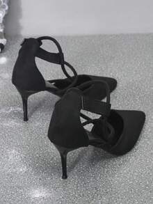 優雅踝帶高跟單鞋適合女士,仿麂皮細高跟鞋 - 黑色 - 查看 6