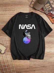 Men Plus Astronaut And Letter Graphic Tee - Black - View 1