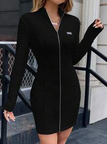 SHEIN EZwear Chi tiết Patched thư Dây kéo Váy bodycon - màu đen - Xem 1