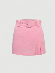 Hauture Belted Pleated Solid Casual Skort - Baby Pink - View 6