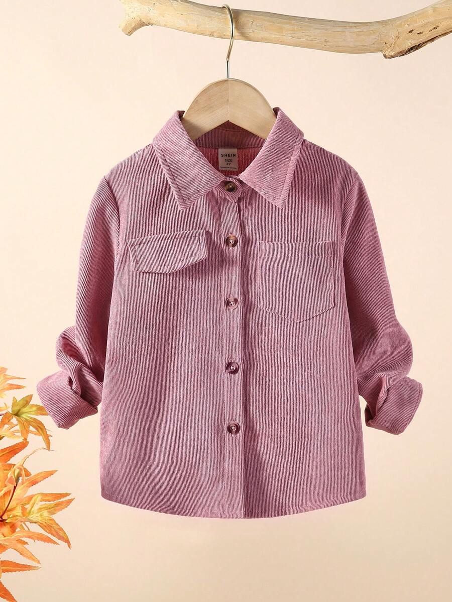 SHEIN 女小童翻蓋口袋前紐扣燈芯絨襯衫 - 藕粉色 - 查看 1