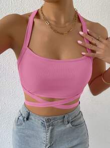 Allurite Crisscross Tie Backless Crop Cami Top - Dusty Pink - View 1