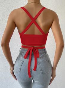 Allurite Crisscross Tie Backless Crop Cami Top For New Year Clothes - Red - View 2