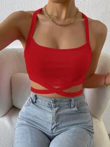 Allurite Crisscross Tie Backless Crop Cami Top For New Year Clothes - Red - View 4