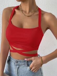 Allurite Crisscross Tie Backless Crop Cami Top For New Year Clothes - Red - View 5
