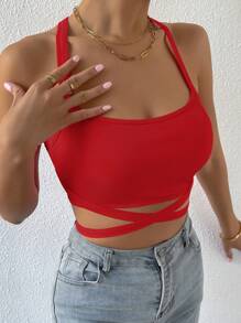 Allurite Crisscross Tie Backless Crop Cami Top For New Year Clothes - Red - View 6