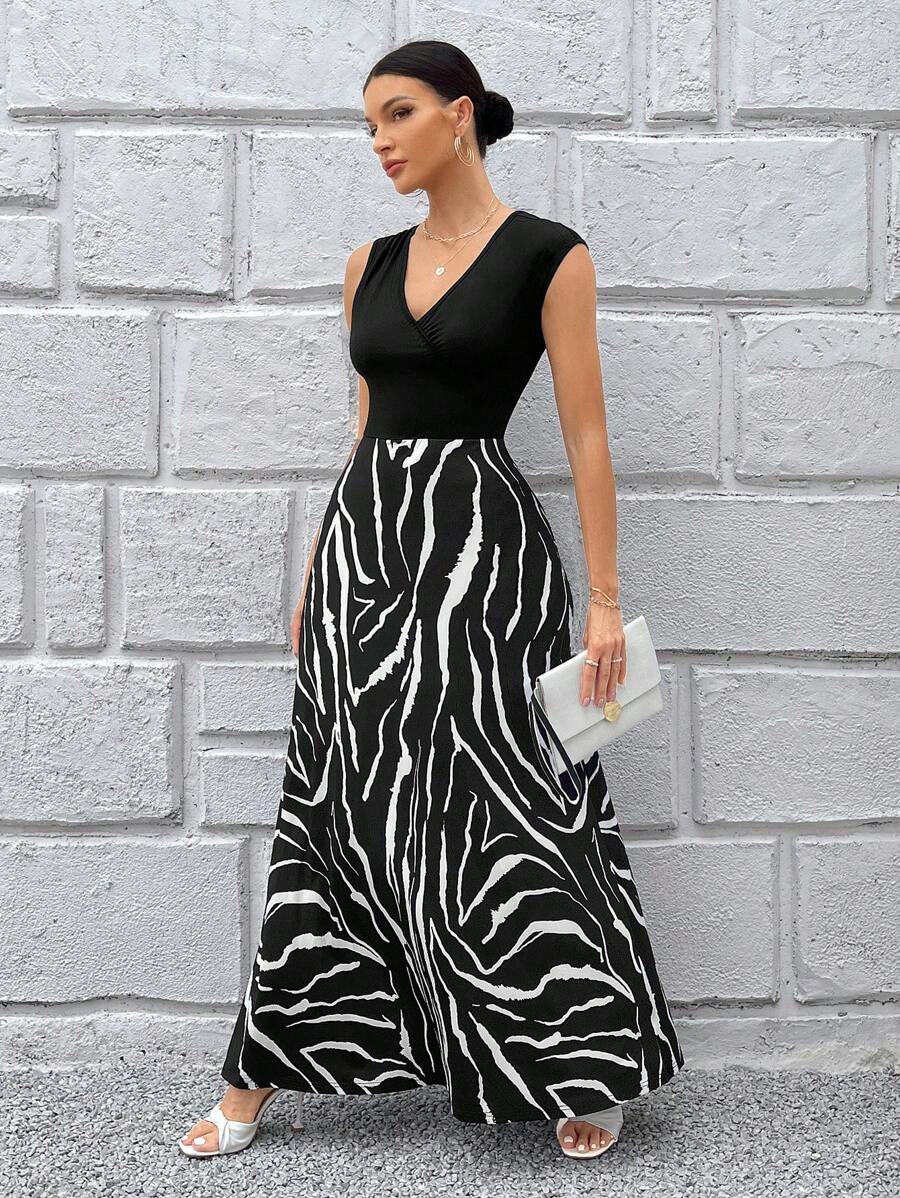 SHEIN Privé In hoa văn ngựa vằn Cổ v Đầm - Đen và trắng - Xem 1