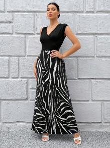 SHEIN Privé In hoa văn ngựa vằn Cổ v Đầm - Đen và trắng - Xem 3