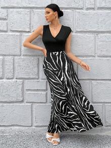 SHEIN Privé In hoa văn ngựa vằn Cổ v Đầm - Đen và trắng - Xem 4