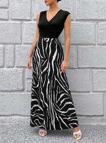 SHEIN Privé In hoa văn ngựa vằn Cổ v Đầm - Đen và trắng - Xem 5