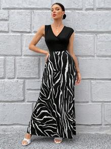 SHEIN Privé In hoa văn ngựa vằn Cổ v Đầm - Đen và trắng - Xem 7