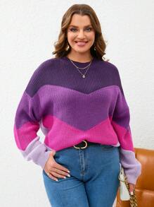 SHEIN Essnce 大碼撞色落肩袖套頭毛衣 - 紫色 - 查看 1