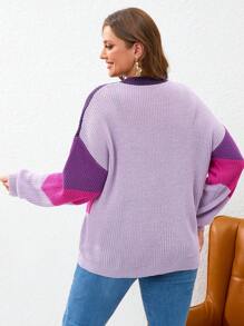 SHEIN Essnce 大碼撞色落肩袖套頭毛衣 - 紫色 - 查看 2