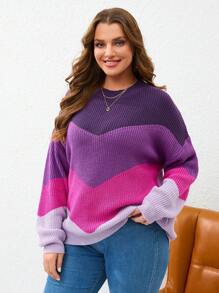 SHEIN Essnce 大碼撞色落肩袖套頭毛衣 - 紫色 - 查看 4