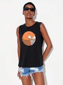 Coffeeman 狐狸印花背心上衣 - 黑色 - 查看 2