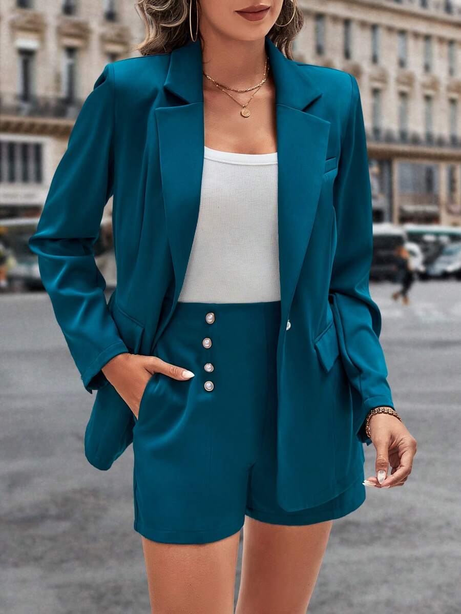 SHEIN Clasi Cổ áo Nút đơn Áo vest & Quần short - Màu xanh ngọc - Xem 1