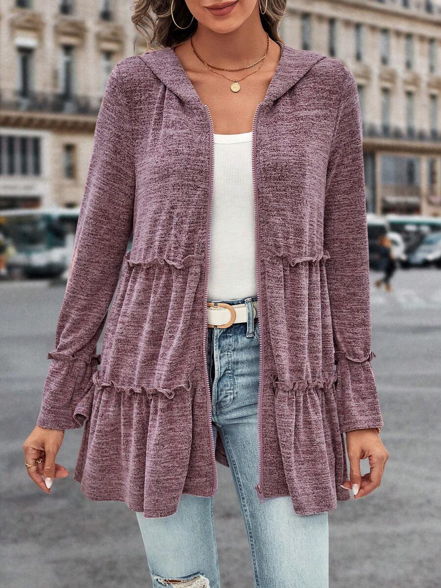 SHEIN LUNE In sọc Lá sen tỉa Xù Hoa Sen Khóa kéo UP Áo trùm đầu - Bụi hồng - Xem 1