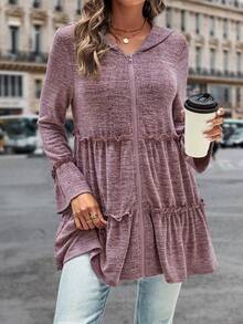 SHEIN LUNE In sọc Lá sen tỉa Xù Hoa Sen Khóa kéo UP Áo trùm đầu - Bụi hồng - Xem 5