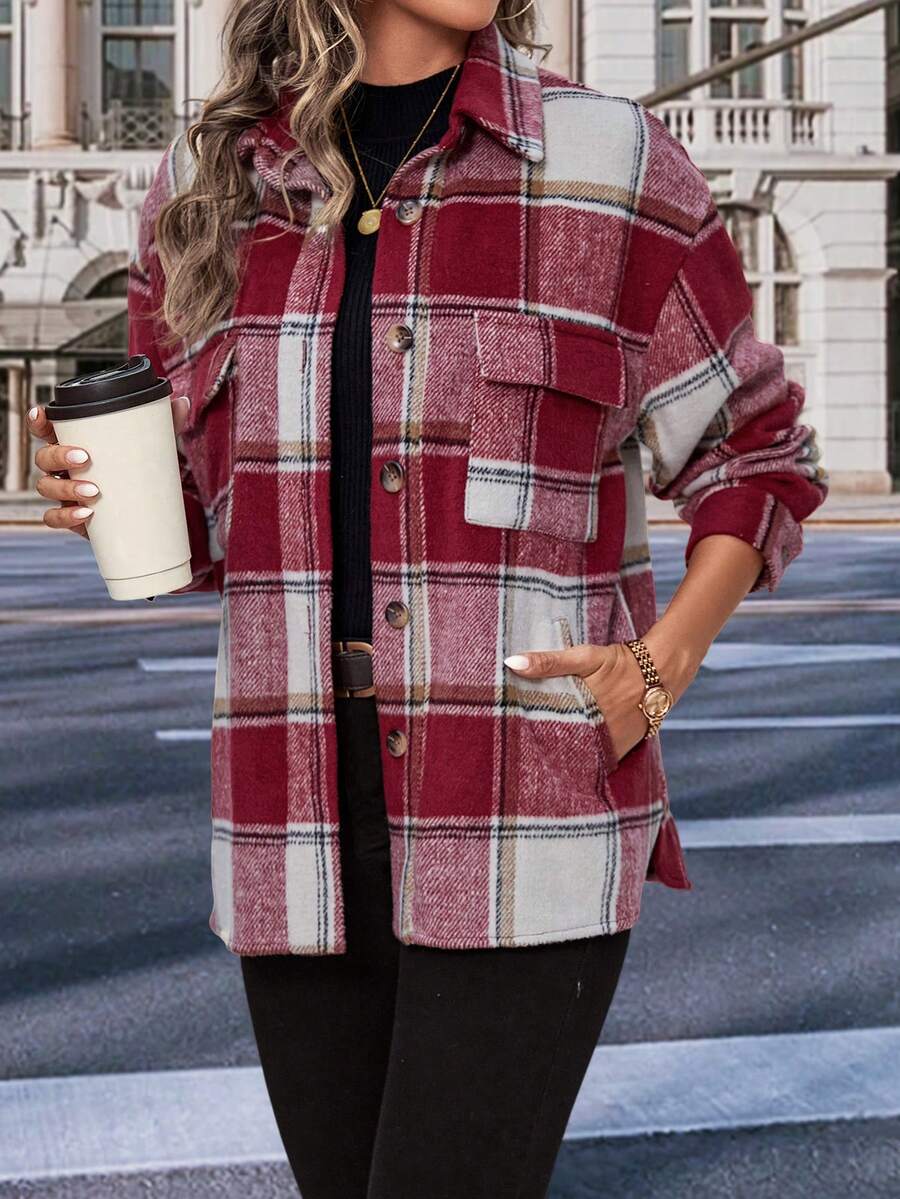 SHEIN LUNE Plaid Print Drop Shoulder Flap Pocket Overcoat - Red and White - View 1