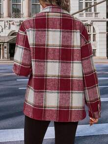 SHEIN LUNE Plaid Print Drop Shoulder Flap Pocket Overcoat - Red and White - View 2