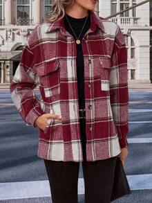 SHEIN LUNE Plaid Print Drop Shoulder Flap Pocket Overcoat - Red and White - View 4