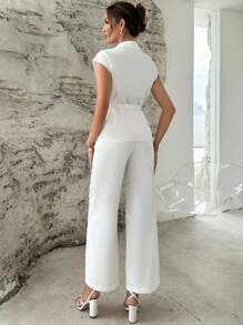 SHEIN Privé Solid Belted Shirt & Wide Leg Pants - White - View 2