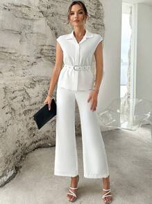 SHEIN Privé Solid Belted Shirt & Wide Leg Pants - White - View 4