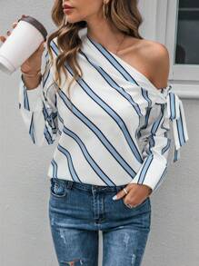 SHEIN Clasi Striped Print Asymmetrical Neck Knot Side Blouse - Black and White - View 1