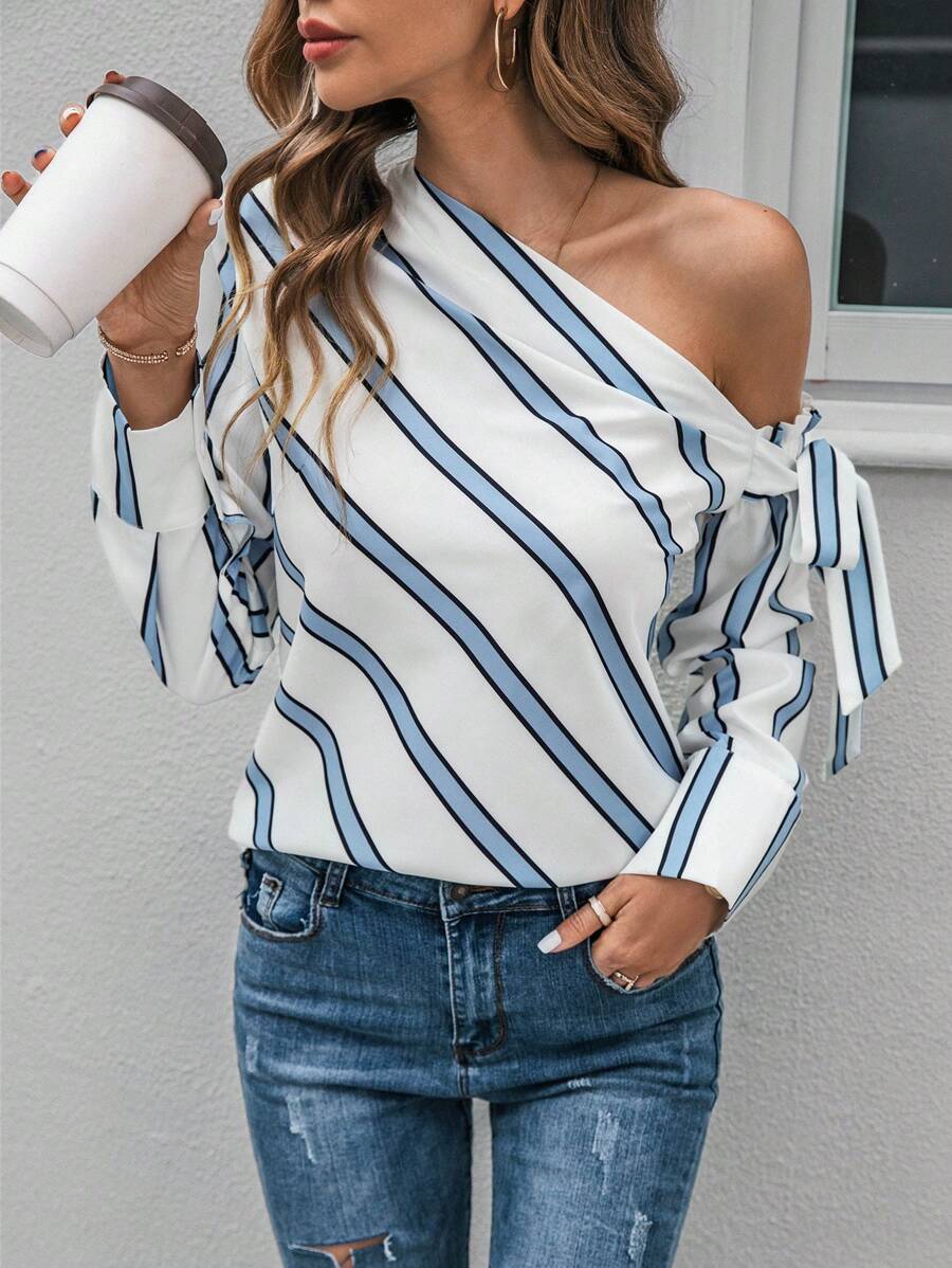 SHEIN Clasi Striped Print Asymmetrical Neck Knot Side Blouse - Black and White - View 1