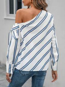 SHEIN Clasi Striped Print Asymmetrical Neck Knot Side Blouse - Black and White - View 2