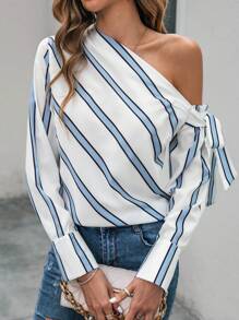 SHEIN Clasi Striped Print Asymmetrical Neck Knot Side Blouse - Black and White - View 3