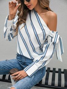 SHEIN Clasi Striped Print Asymmetrical Neck Knot Side Blouse - Black and White - View 4