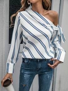 SHEIN Clasi Striped Print Asymmetrical Neck Knot Side Blouse - Black and White - View 5