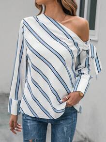 SHEIN Clasi Striped Print Asymmetrical Neck Knot Side Blouse - Black and White - View 6