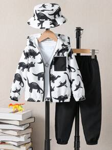 SHEIN 男小童恐龍印花連帽夾克和褲子&帽 - 黑與白 - 查看 1
