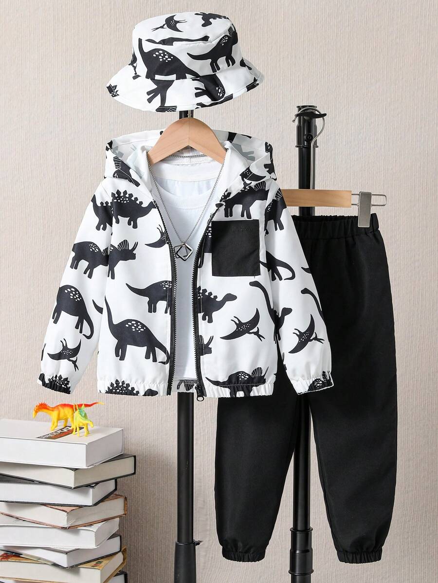 SHEIN 男小童恐龍印花連帽夾克和褲子&帽 - 黑與白 - 查看 1