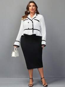SHEIN Clasi 大碼撞色滾邊雙排釦西裝外套和裙子 - 黑與白 - 查看 3
