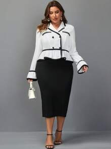 SHEIN Clasi 大碼撞色滾邊雙排釦西裝外套和裙子 - 黑與白 - 查看 4