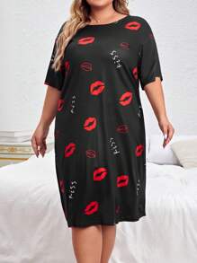 Camisón de noche con estampado de letras y labios, camisón tipo muu muu - Negro - Ver 2